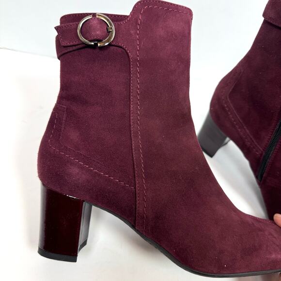 AQUATALIA by Marvin K Ankle Boots Burgundy Suede High Heel Buckle Size 11 - Picture 2 of 7